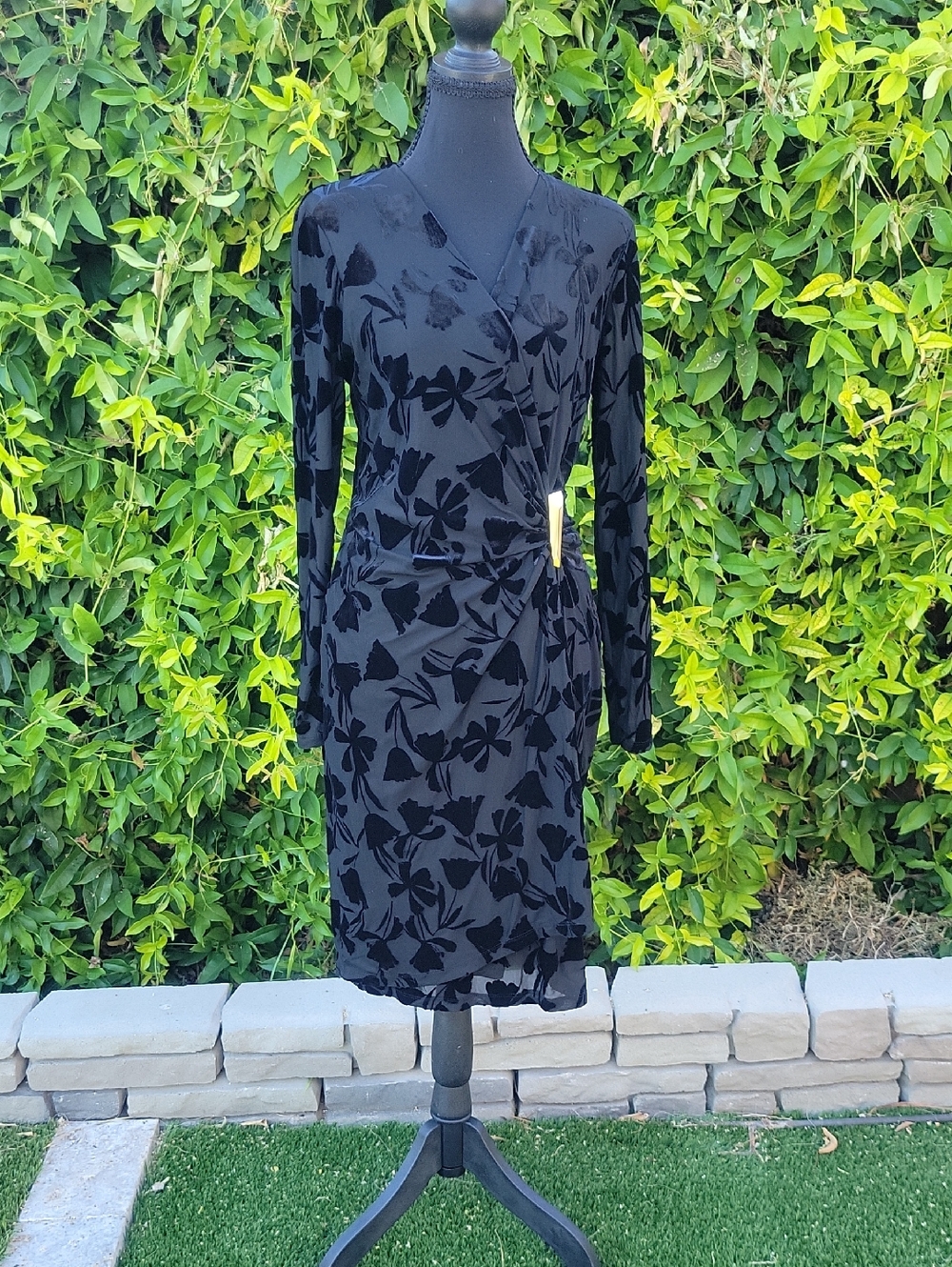 Black Wrap Look Bodycon Dress With Velvet Floral Overlay  8